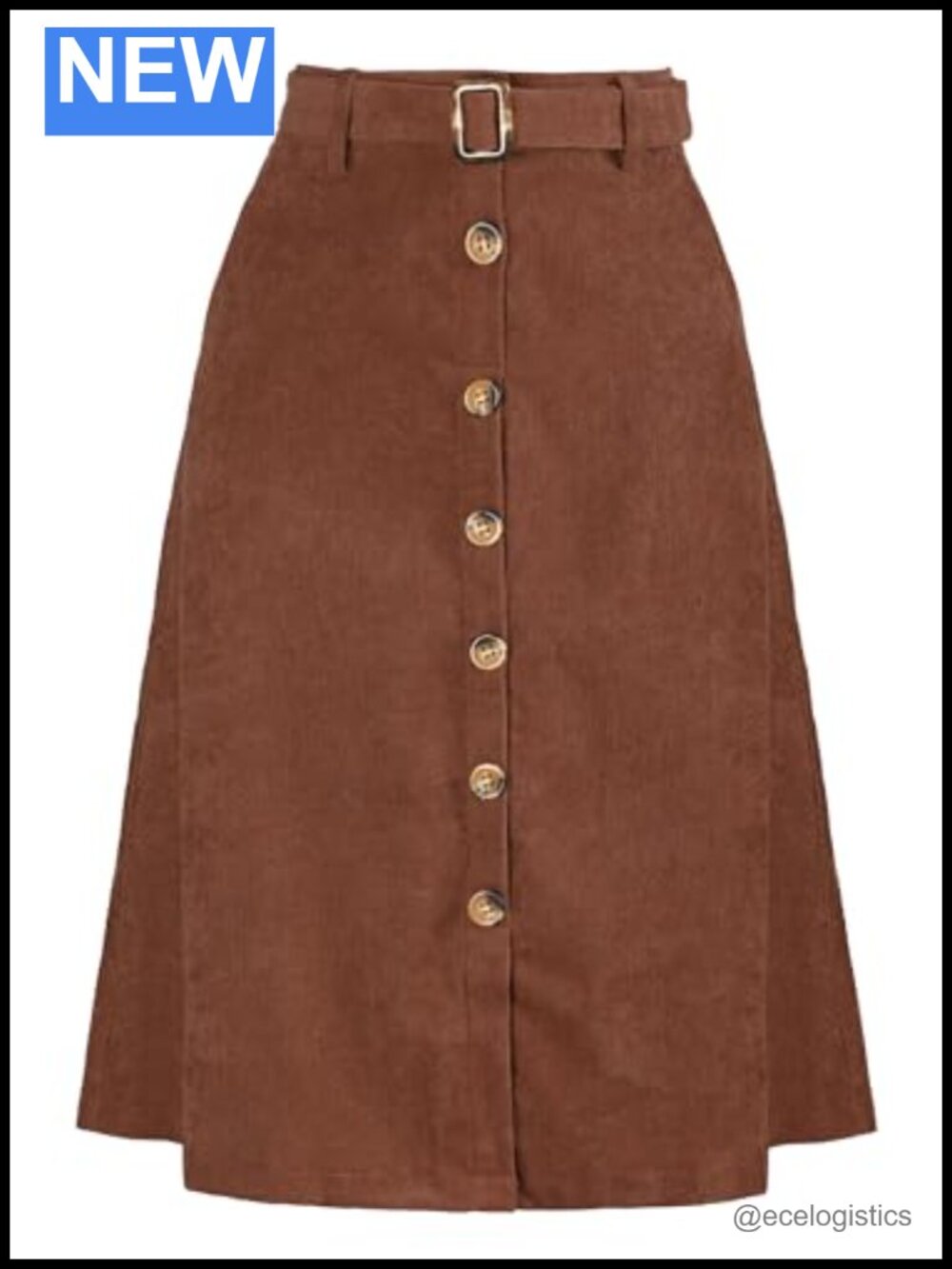 Corduroy A-Line Midi Skirt with Adjustable Belt High Waist Button Front